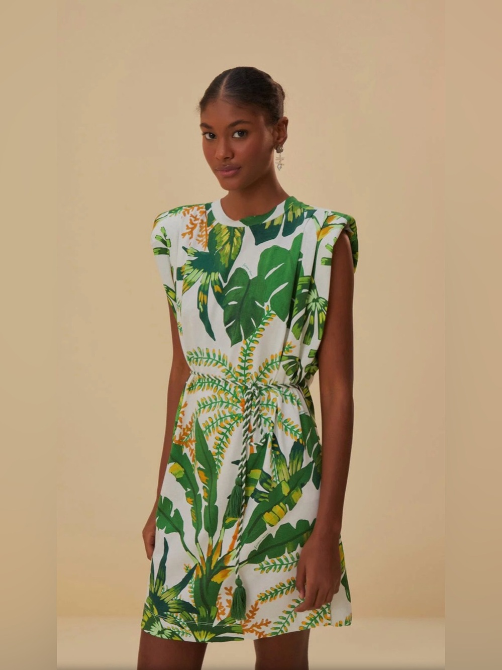 FARM Rio Green Palm-Print Waist Tie Mini Dress